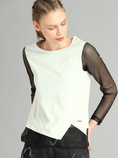 

Roadster Women Grey & Black Solid Pure Cotton Top, White