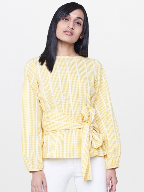 

AND Women Yellow Checked Pure Cotton Top