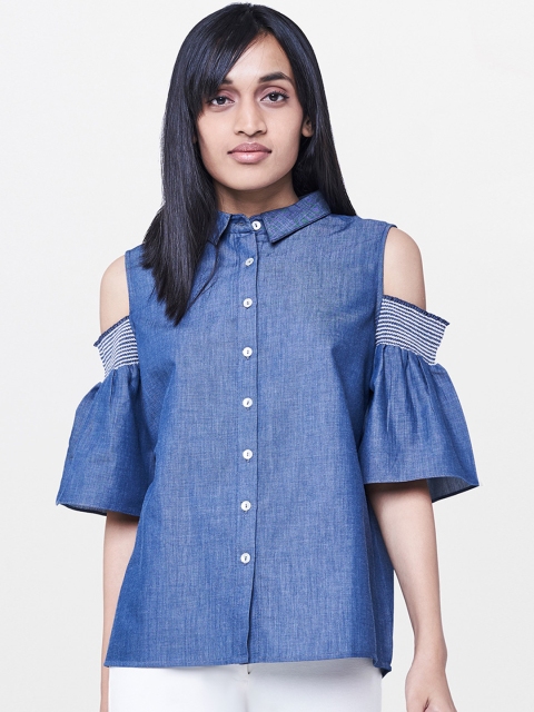 

AND Women Blue Solid Shirt Style Cold Shoulder Pure Cotton Top