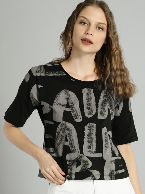 

Roadster Women Black Printed Round Neck T-shirt