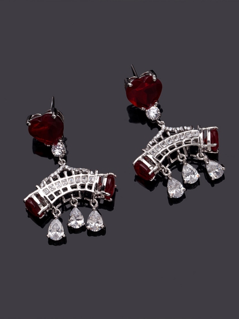 

Studio Voylla Love Lock Silver-Toned & Red Contemporary Drop Earrings