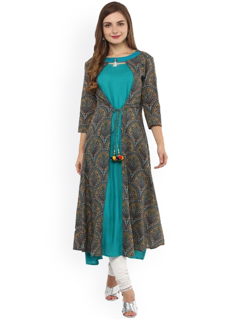 

La Firangi Women Green & Grey Printed Straight Kurta