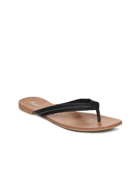 

People Women Black Solid Synthetic Open Toe Flats