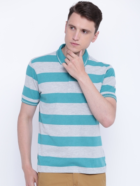 

Monte Carlo Men Grey Melange & Green Striped Polo Collar T-shirt