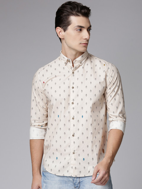 

True Blue Men Beige & Charcoal Grey Regular Fit Printed Casual Shirt