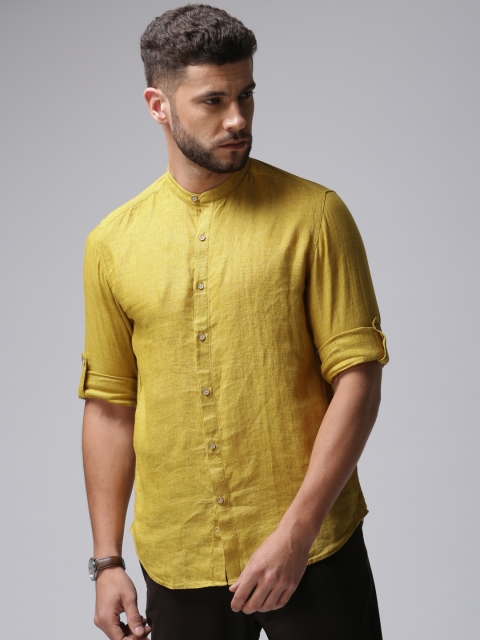 

True Blue Men Mustard Yellow Regular Fit Solid Linen Casual Shirt