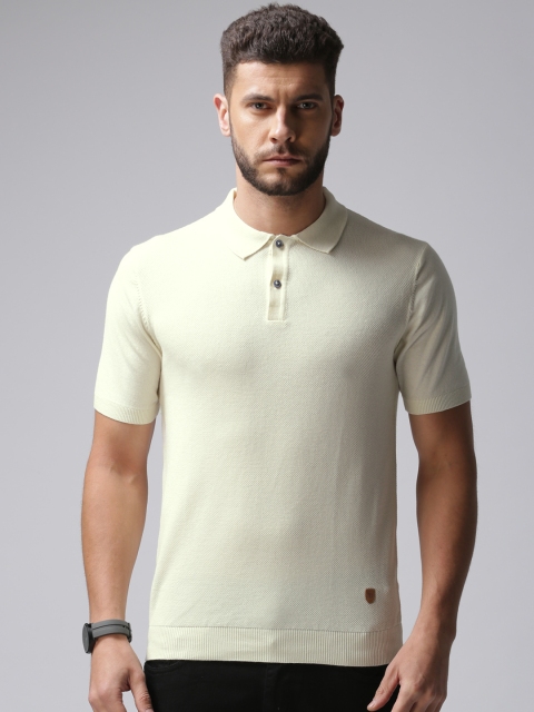 

True Blue Men Cream-Coloured Self-Design Polo T-shirt
