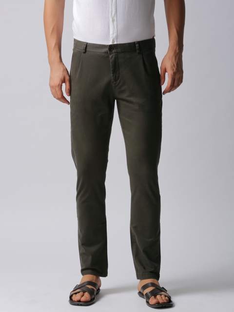 

True Blue Men Olive Green Slim Fit Solid Regular Trousers