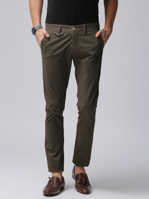 

True Blue Men Olive Green Slim Fit Printed Regular Trousers