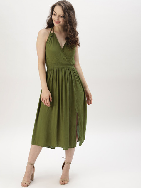 

DressBerry Women Olive Green Solid Fit and Flare Dress