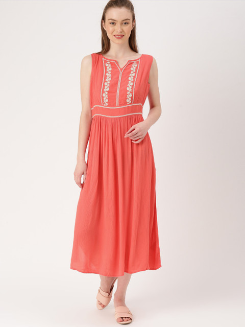 

DressBerry Women Coral Pink Self-Design A-Line Dress