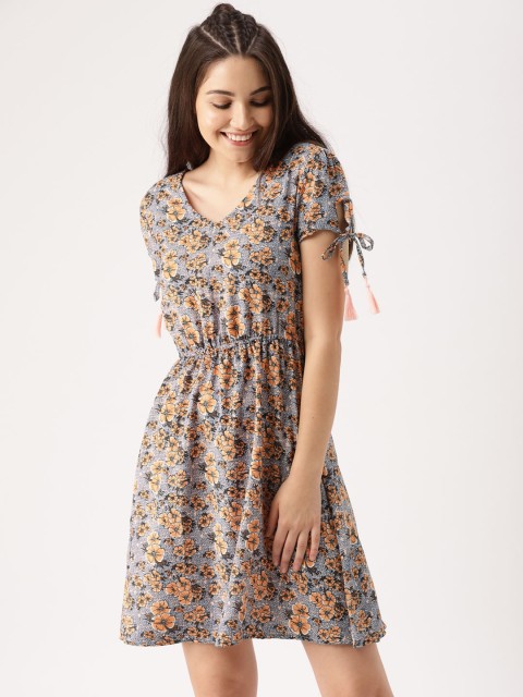 

DressBerry Women Orange Floral Print A-Line Dress