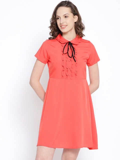 

DressBerry Women Coral Orange Solid A-Line Dress