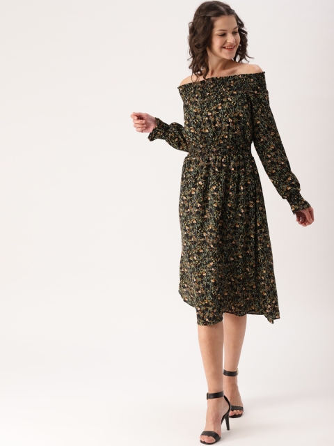 

DressBerry Women Green & Black Floral Printed Off-shoulder A-Line Dress