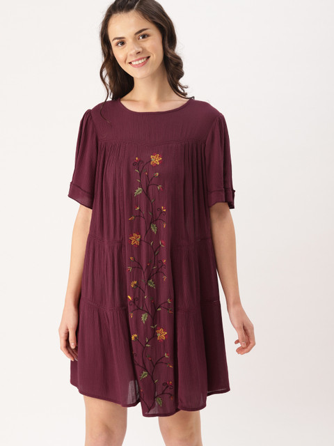 

DressBerry Women Burgundy Self-Design A-Line Dress