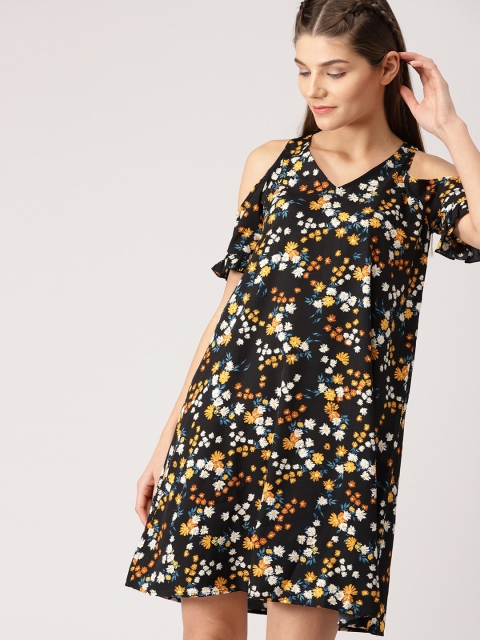 

DressBerry Women Black & Mustard Yellow Printed A-Line Dress