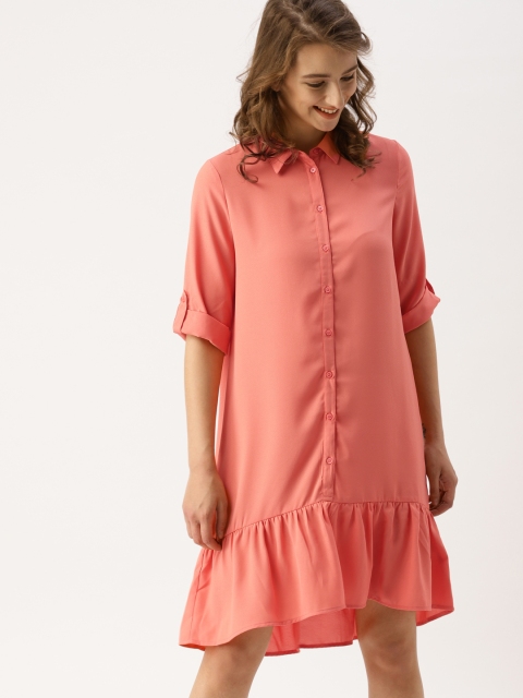 

DressBerry Women Coral Pink Solid Shirt Dress