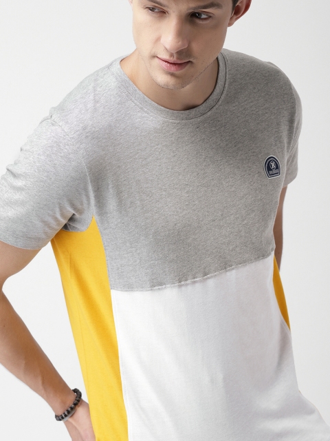 

Harvard Men Grey Melange White Colourblocked Round Neck Pure Cotton T-shirt