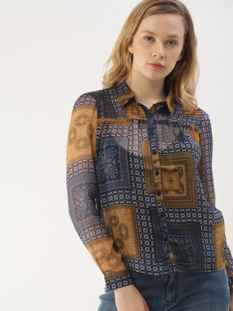 

DressBerry Women Navy Blue & Mustard Regular Fit Printed Casual Sheer Shirt