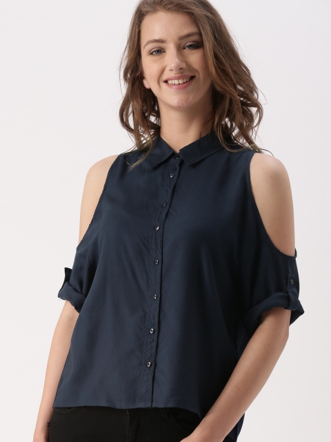 

DressBerry Women Navy Regular Fit Solid Casual Cold-shoulder Shirt, Navy blue
