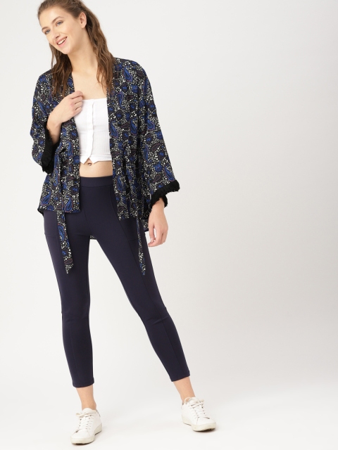 

DressBerry Black & Navy Blue Printed Tie-Up Shrug