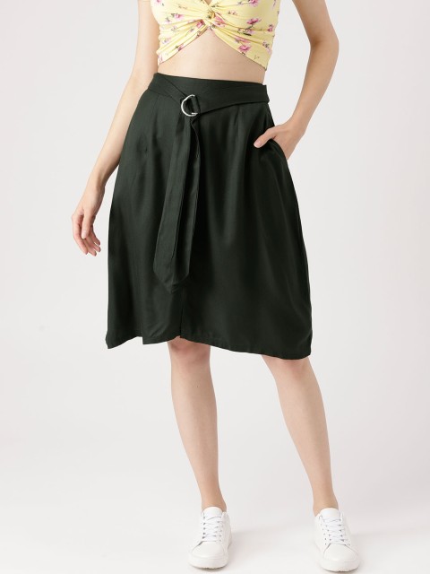 

DressBerry Olive Green Solid A-Line Skirt