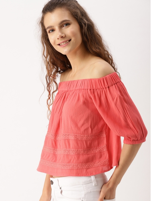 

DressBerry Women Coral Pink Solid Bardot Top