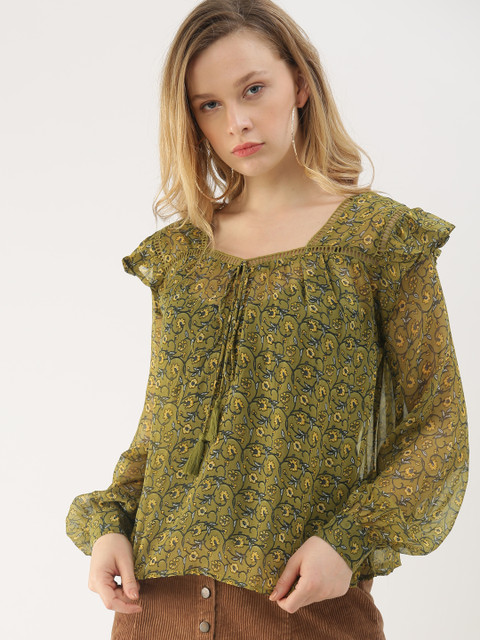 

DressBerry Women Green Printed Semi-Sheer Top
