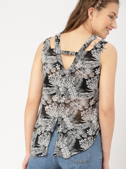 

DressBerry Women Black Tropical Printed Style Back Top