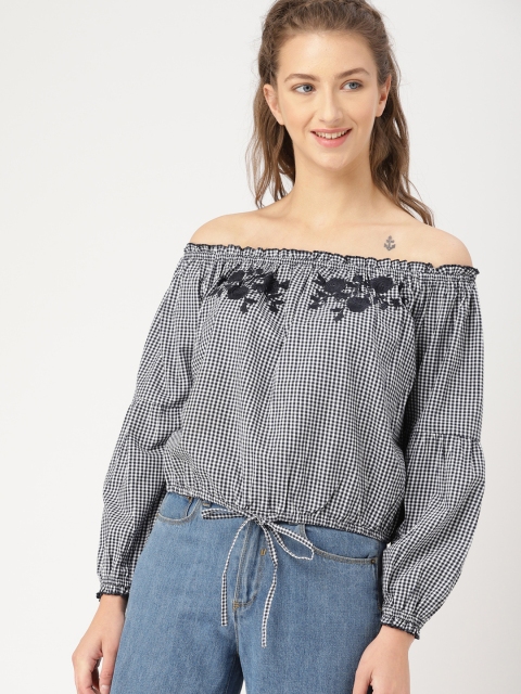 

DressBerry Women Navy Blue Checked Blouson Top