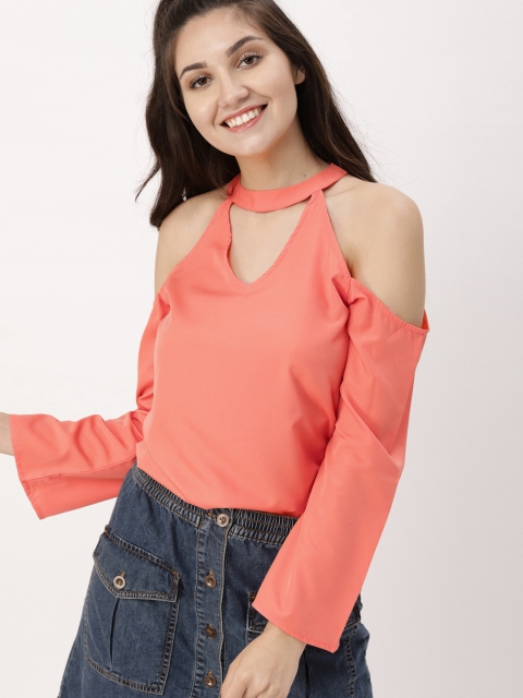 

DressBerry Women Peach-Coloured Cold-Shoulder Solid Top