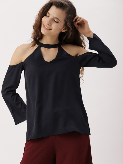 

DressBerry Women Navy Blue Cold-Shoulder Solid Top