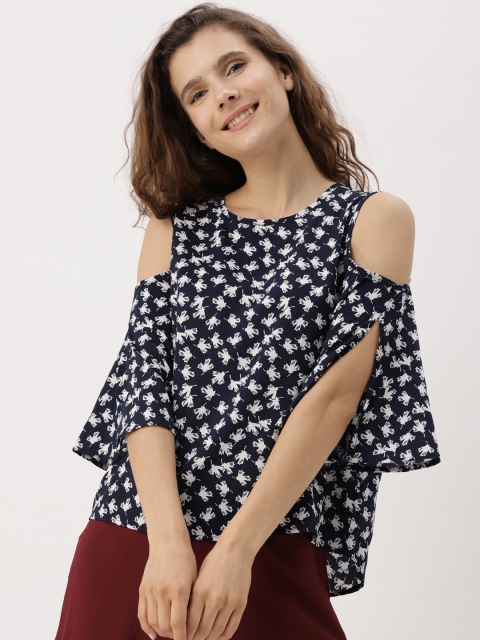

DressBerry Women Navy & White Abstract Printed Cold-shoulder Top, Navy blue