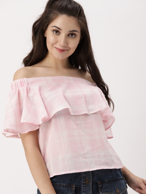 

DressBerry Women Pink Checked Bardot Top