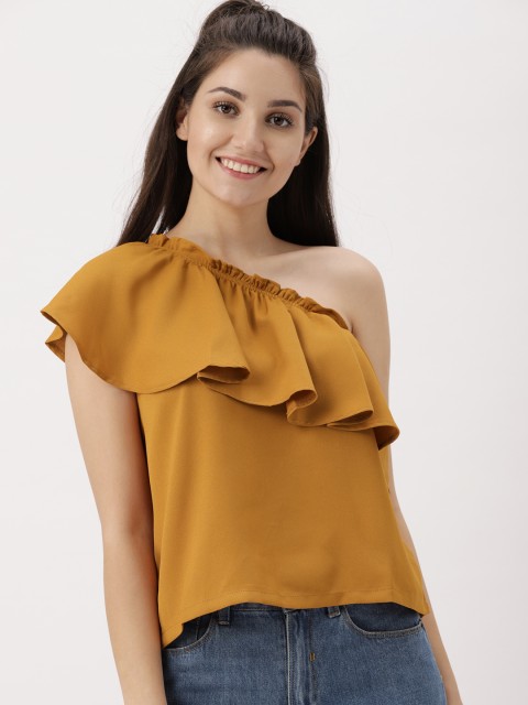 

DressBerry Women Mustard Yellow Solid One-shoulder Top