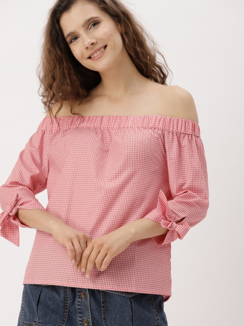 

DressBerry Women Pink Checked Bardot Top