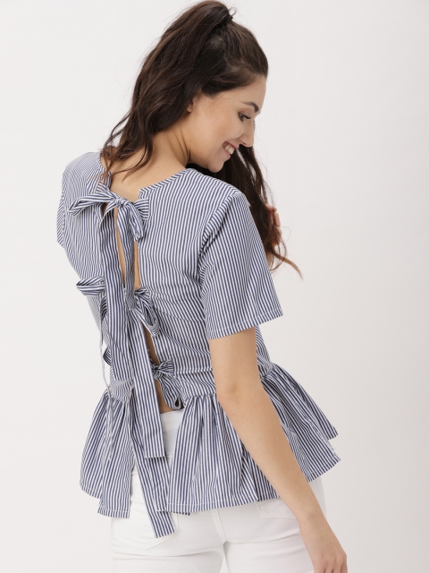 

DressBerry Women Navy & White Striped Styled Back Peplum Top, Navy blue
