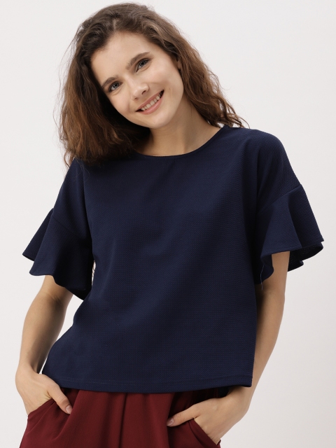 

DressBerry Women Navy Self Design Boxy Top, Navy blue