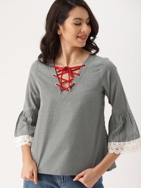 

DressBerry Women Black & White Striped Boxy Top