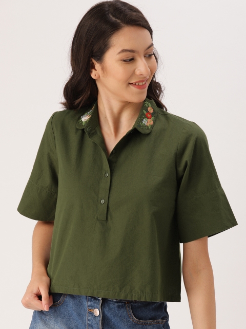 

DressBerry Women Olive Green Solid Shirt Style Top