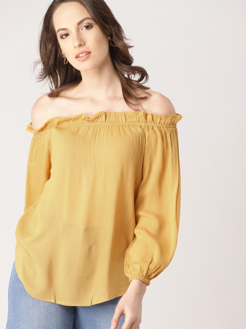 

DressBerry Women Mustard Yellow Solid Bardot Top