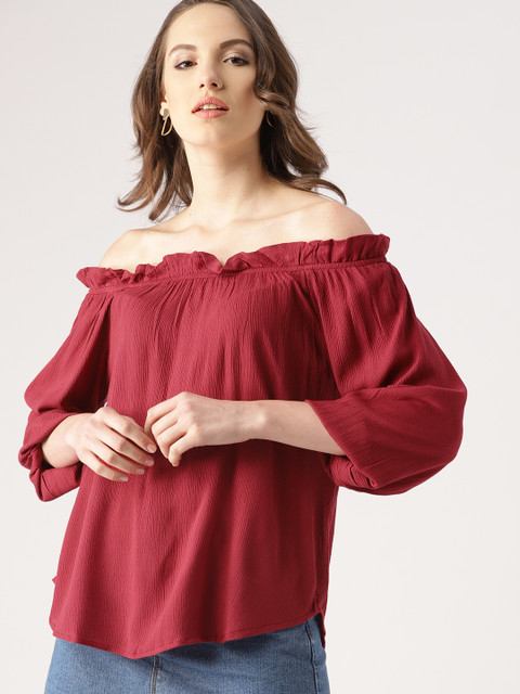 

DressBerry Women Maroon Solid Bardot Top