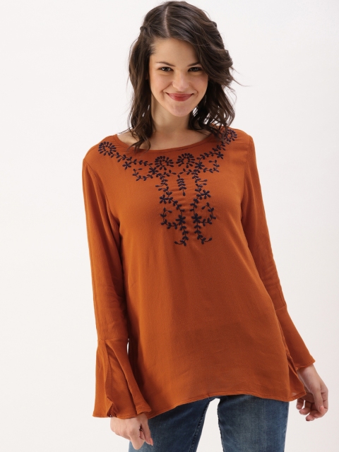 

DressBerry Women Rust Orange Self Design Top