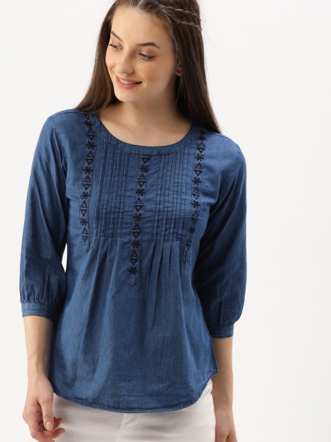 

DressBerry Women Navy Blue Solid Pure Cotton Top