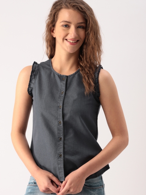 

DressBerry Women Denim Grey Solid Shirt Style Pure Cotton Top