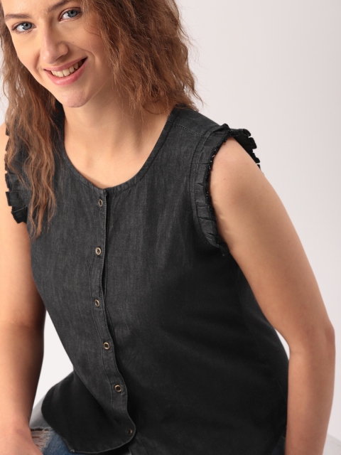 

DressBerry Women Black Solid Denim Top