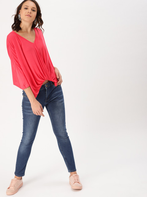 

DressBerry Women Coral Pink Solid Wrap Top