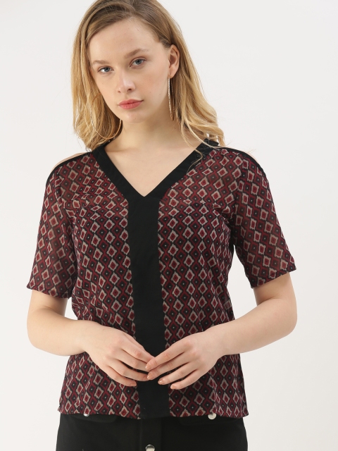 

DressBerry Women Maroon & Black Sheer Printed Top