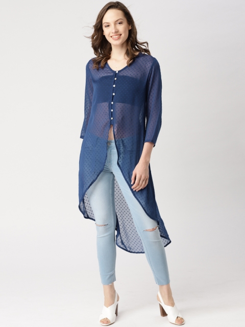 

DressBerry Women Blue Sheer Self Design High-Low Top
