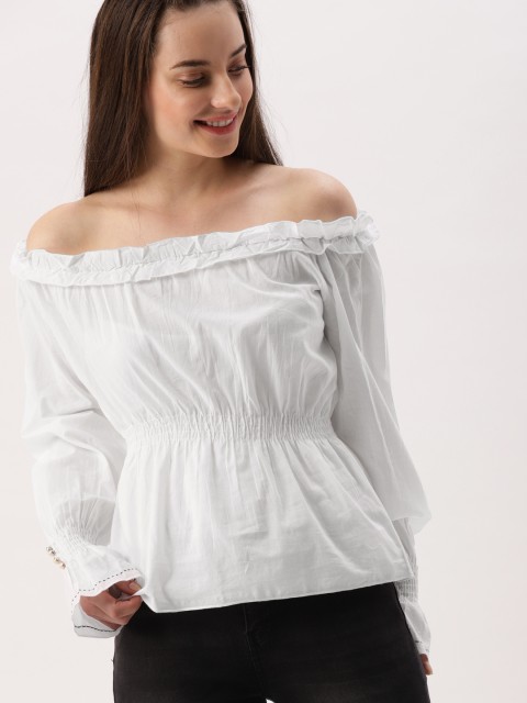 

DressBerry Women White Solid Cinched Waist Top